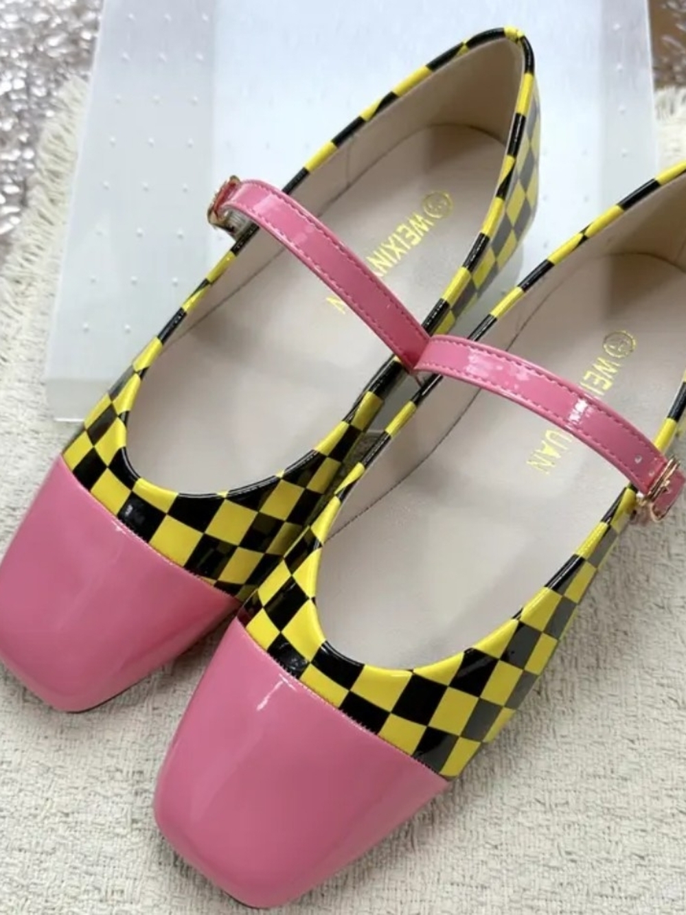 Women’s Pink and Yellow Check Mary Jane Flats